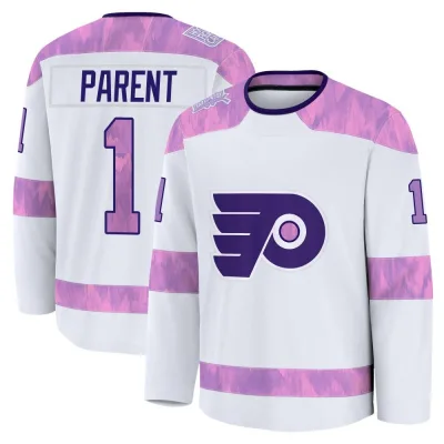 Men's Bernie Parent Philadelphia Flyers 2024 Hockey Fights Cancer Practice Jersey - White Premium