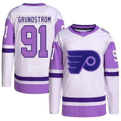 Youth Carl Grundstrom Philadelphia Flyers Hockey Fights Cancer Primegreen Jersey - White/Purple Authentic