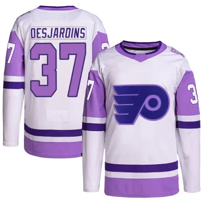 Youth Eric Desjardins Philadelphia Flyers Hockey Fights Cancer Primegreen Jersey - White/Purple Authentic